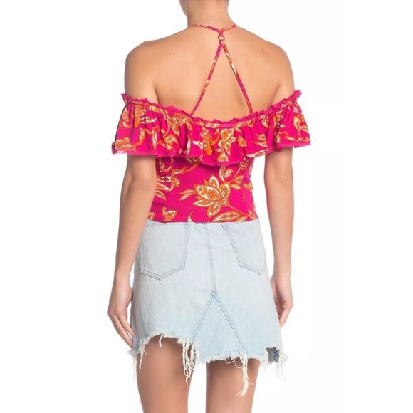 Free People ChaCha Raspberry Sorbet Paisley Cold Shoulder Top Size Large New - Picture 2 of 5